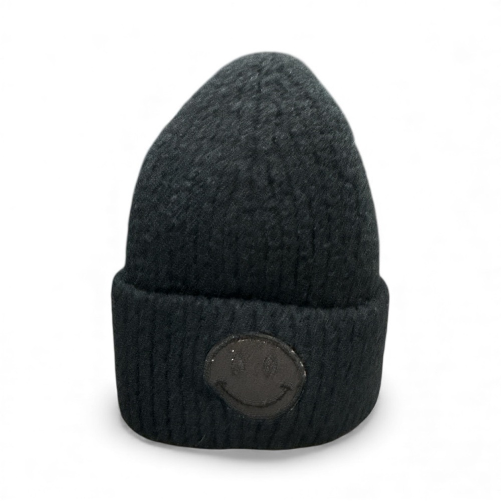 NWT PNYC Black Ribbed Knit Beanie • Glitter Smiley Face Patch